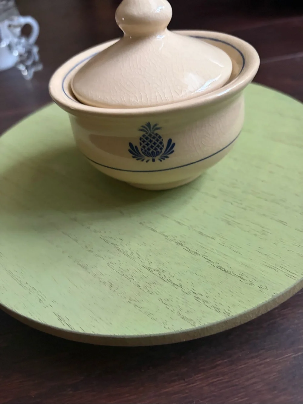 Cream Ceramic Covered Sugar Bowl with Blue Pineapple Motif
